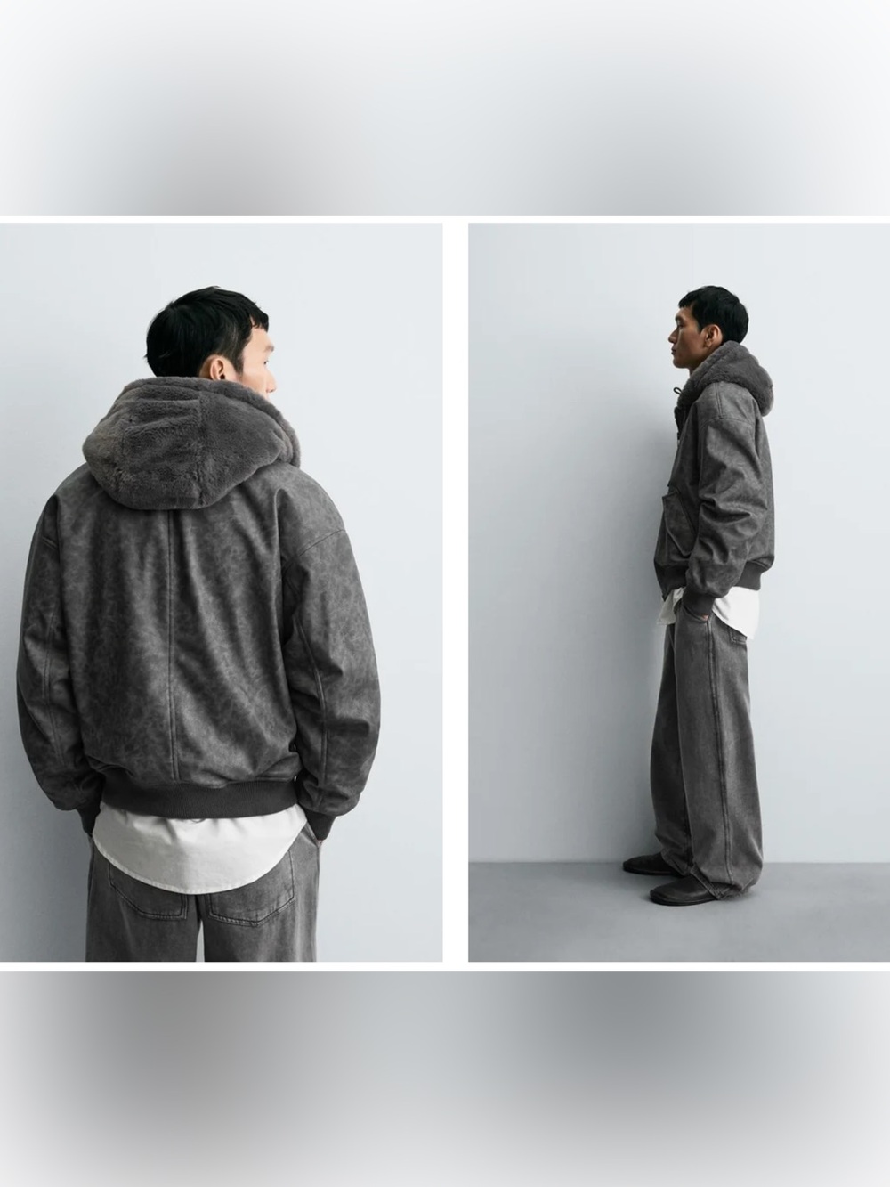 ZARA REVERSIBLE LEATHER BOMBER JACKET GRAY LARGE - Picture 5 of 14